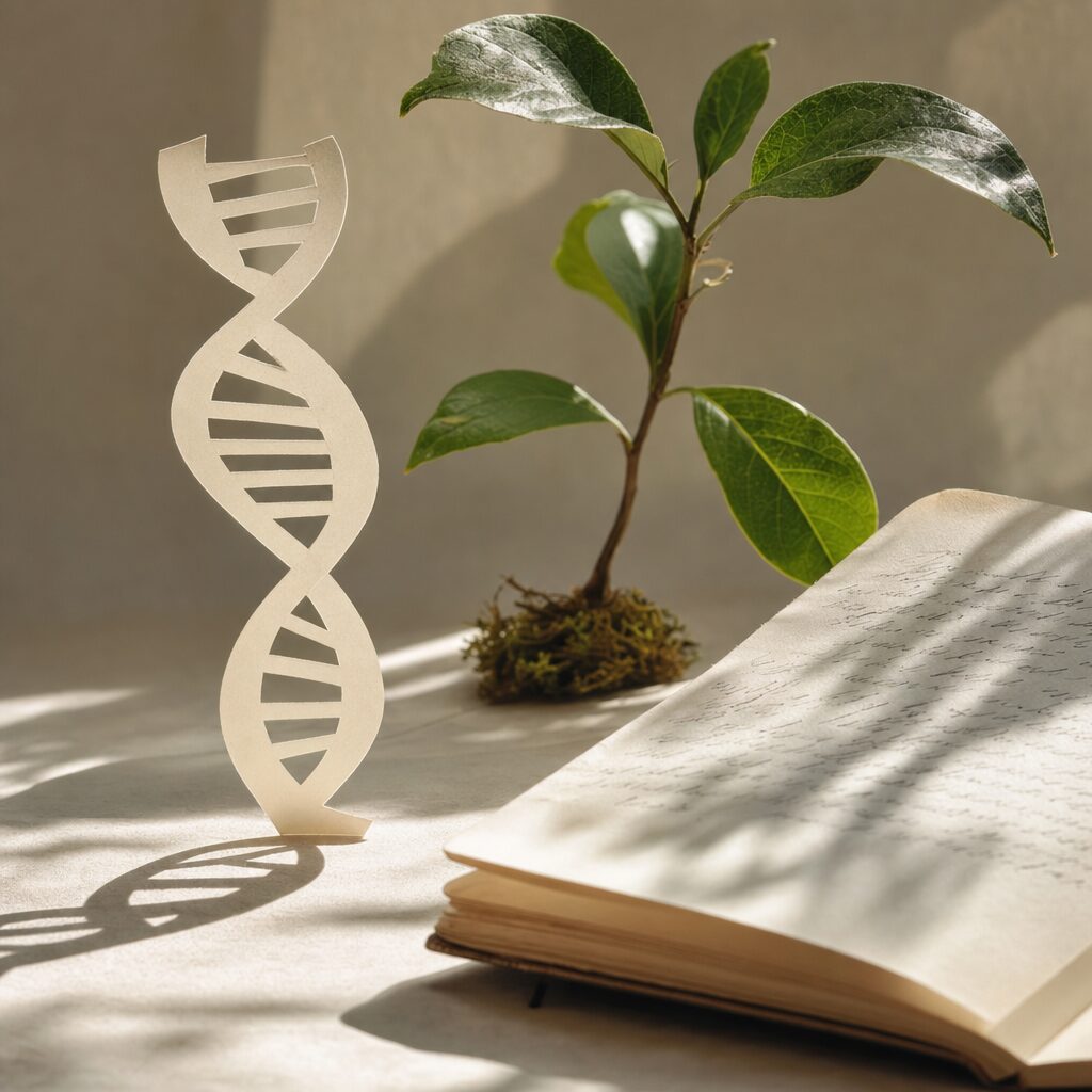 Ilustración conceptual de una hélice de ADN junto a una hoja, representando la relación entre hábitos y biología